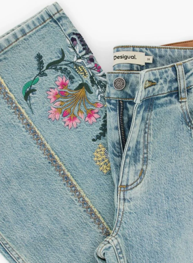 DESIGUAL Blue Jeans Trousers With Flower Topstitching for Women | Best Price UAE